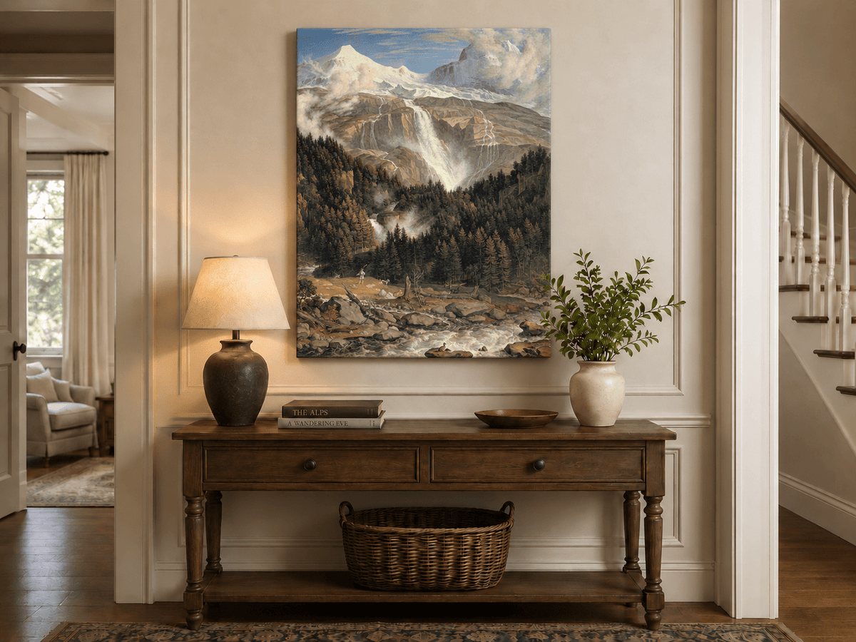 Landschaftsölgemälde – Schneebeckte Gipfel, großer Wasserfall & Ochse
