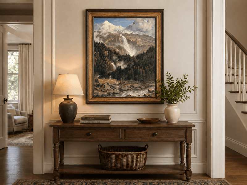 Landschaftsölgemälde – Schneebeckte Gipfel, großer Wasserfall & Ochse