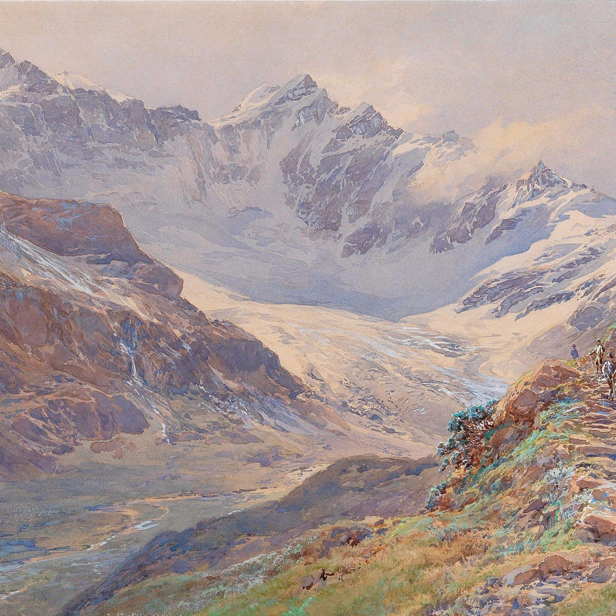 Landscape Oil Painting | Snow - Capped Valley with Glacier Cliff Path - Oil Painting Haven
