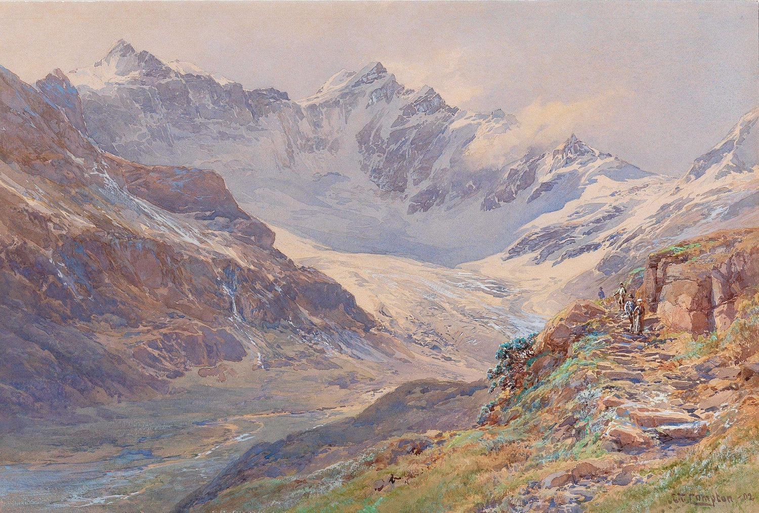 Landscape Oil Painting | Snow - Capped Valley with Glacier Cliff Path - Oil Painting Haven