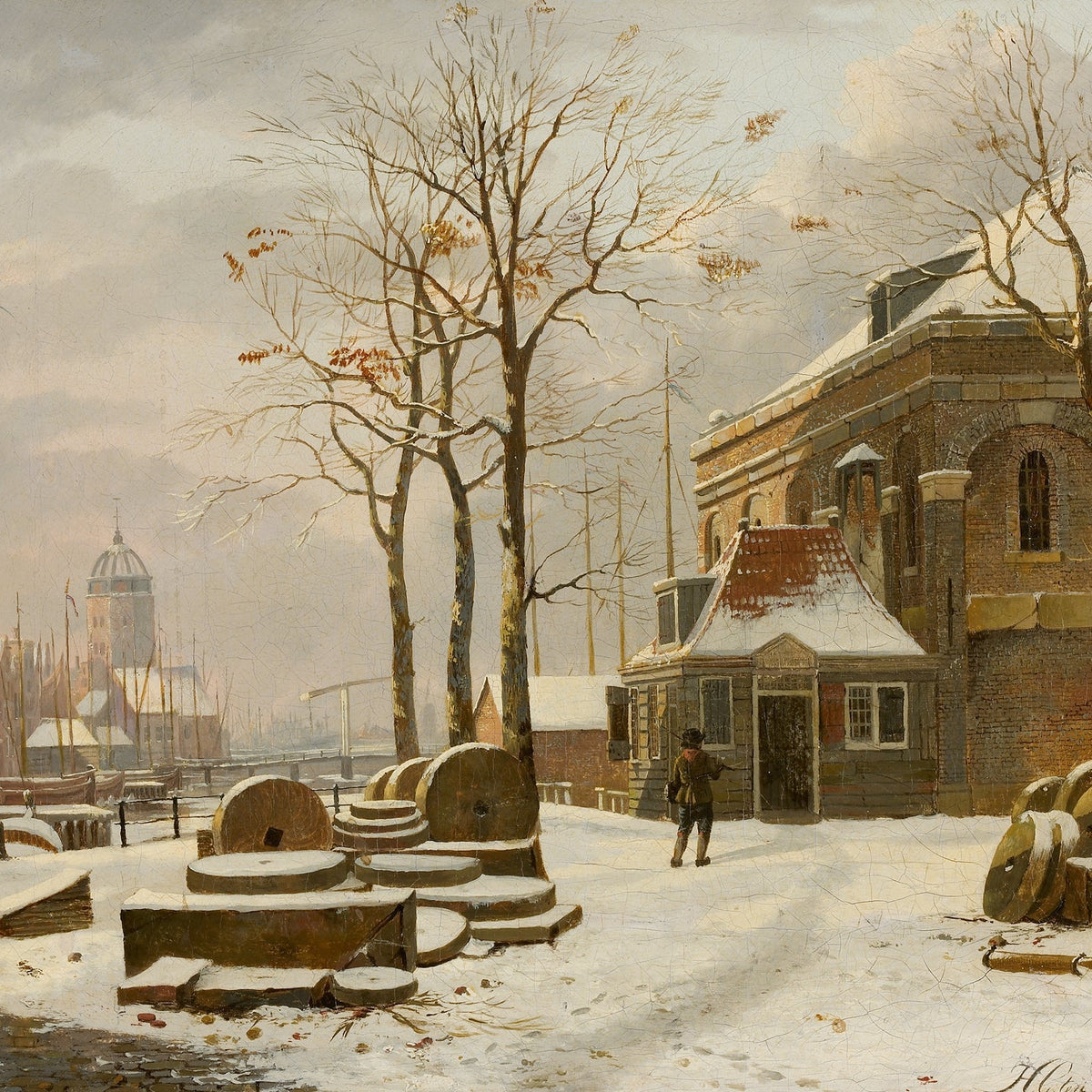 Landscape Oil Painting | Snow - covered harbor buildings & winter scene - Oil Painting Haven