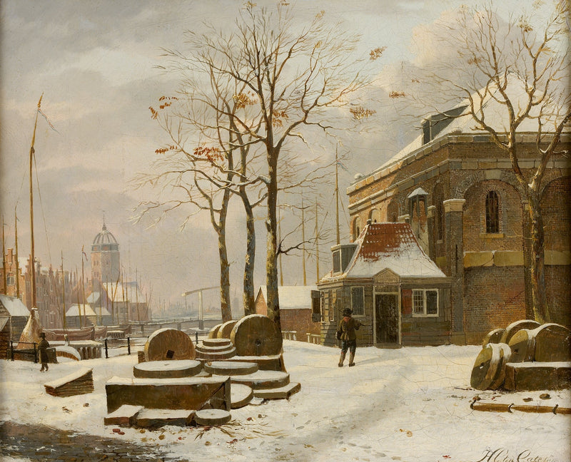 Landscape Oil Painting | Snow - covered harbor buildings & winter scene - Oil Painting Haven