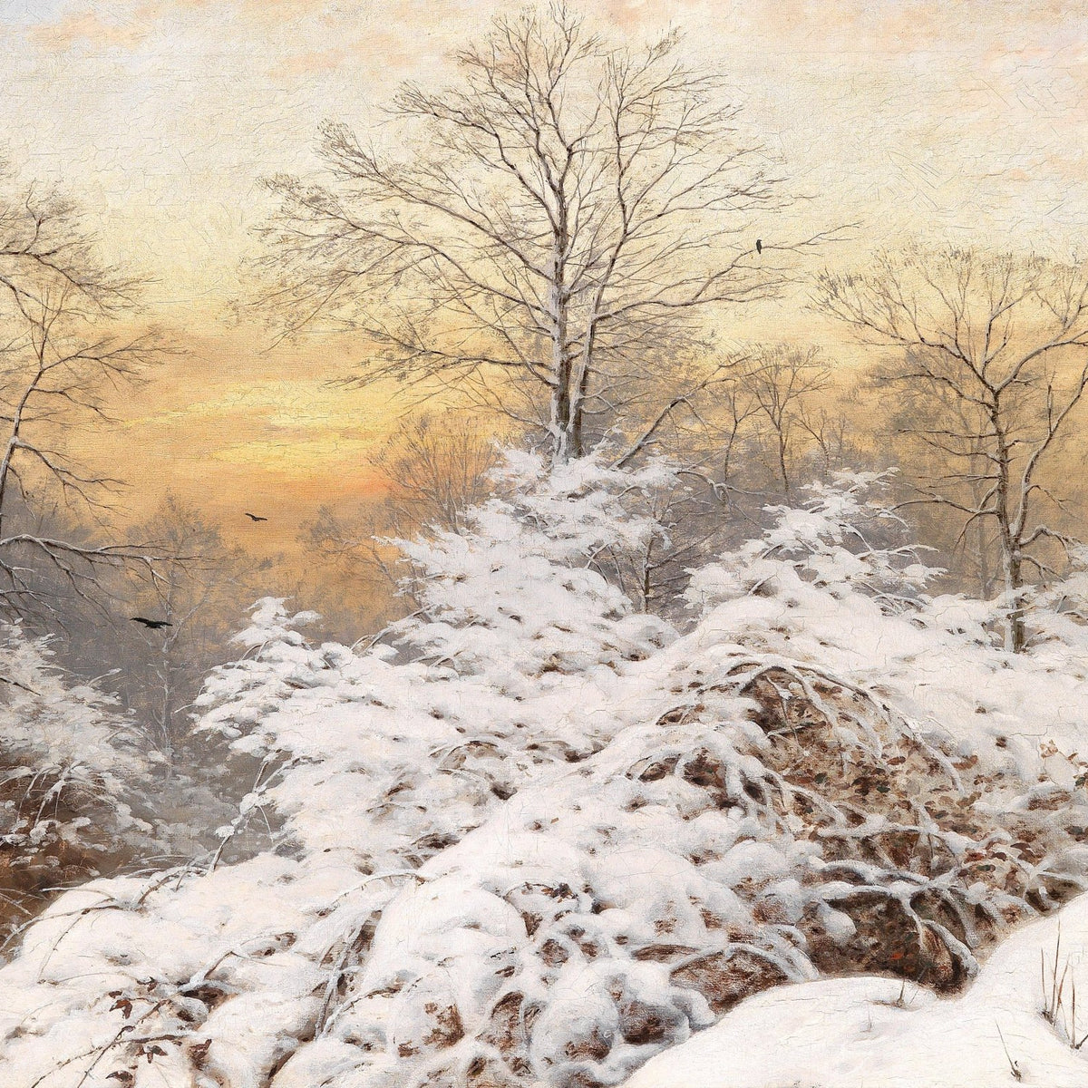 Landscape Oil Painting - Snow - Covered Woods & Golden Dusk Sky - Oil Painting Haven