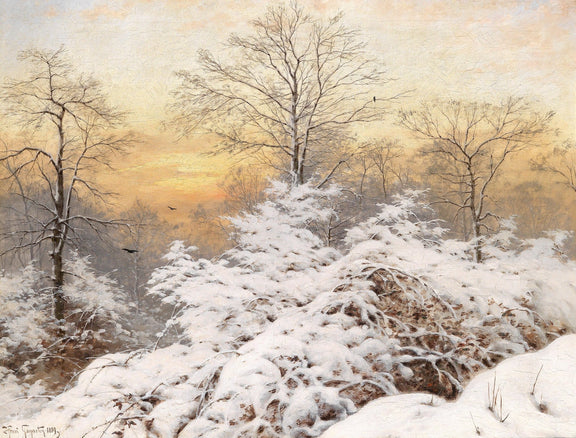 Landscape Oil Painting - Snow - Covered Woods & Golden Dusk Sky - Oil Painting Haven