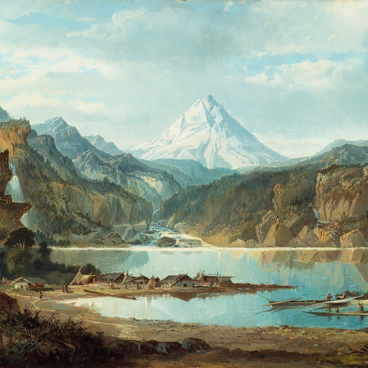 Hand-painted snow peak lake and mountain village landscape oil painting on canvas