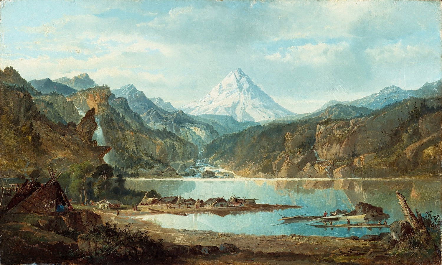 Hand-painted snow peak lake and mountain village landscape oil painting on canvas