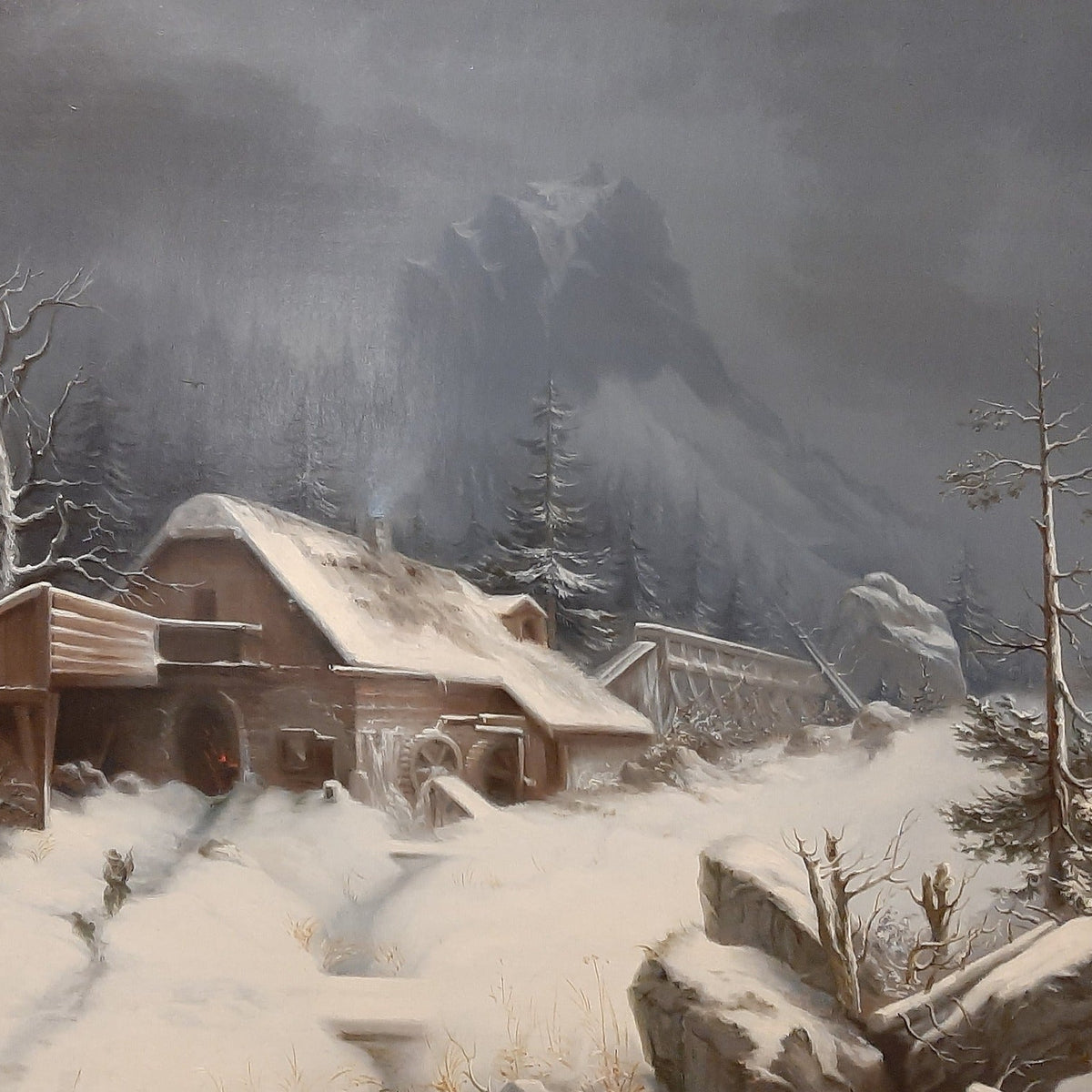 Hand-painted snowy alpine cabin in mountain mist landscape oil painting on canvas