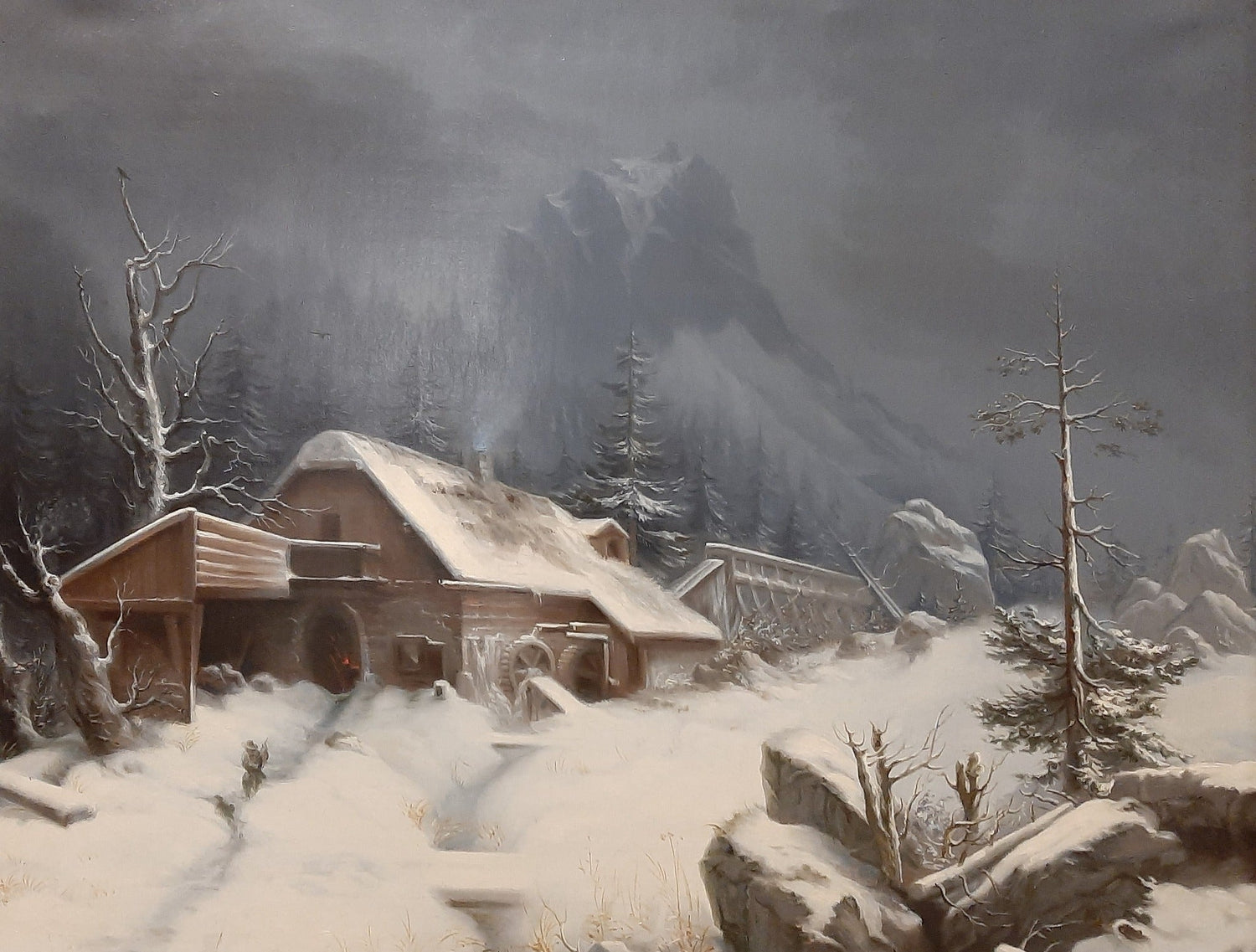 Hand-painted snowy alpine cabin in mountain mist landscape oil painting on canvas