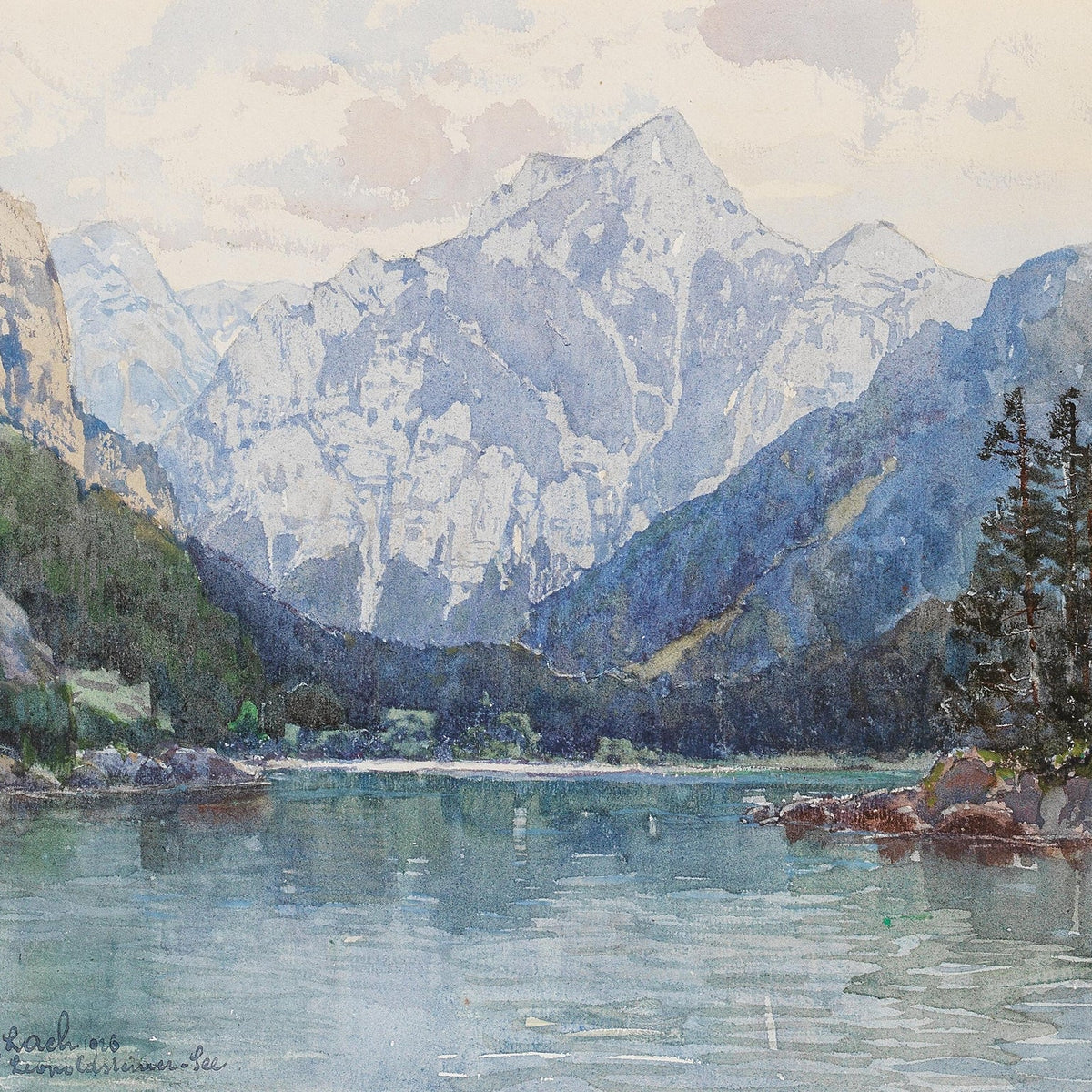 Landscape Oil Painting - Snowy Alpine Lake with Pine Shore - Oil Painting Haven