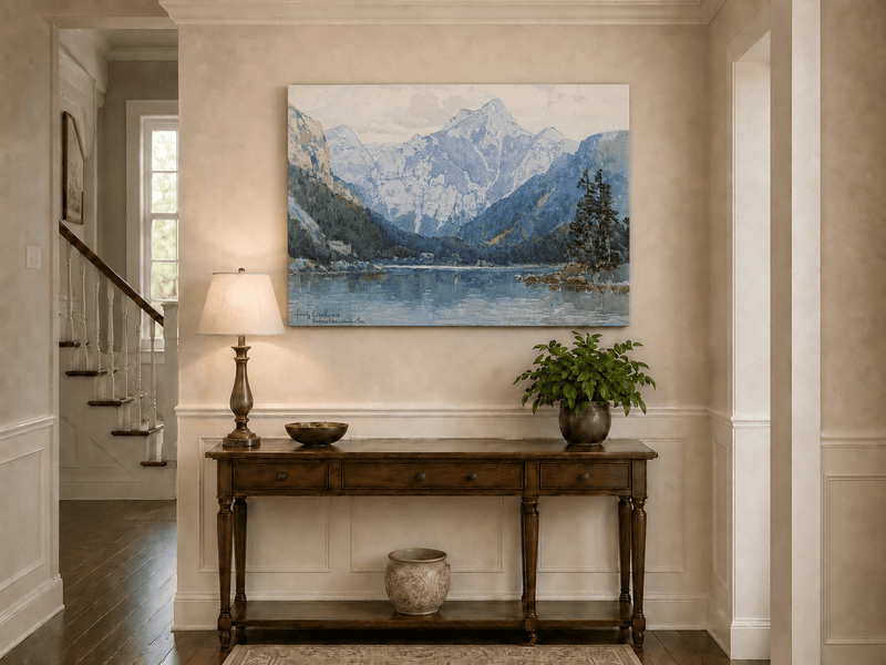 Landscape Oil Painting - Snowy Alpine Lake with Pine Shore