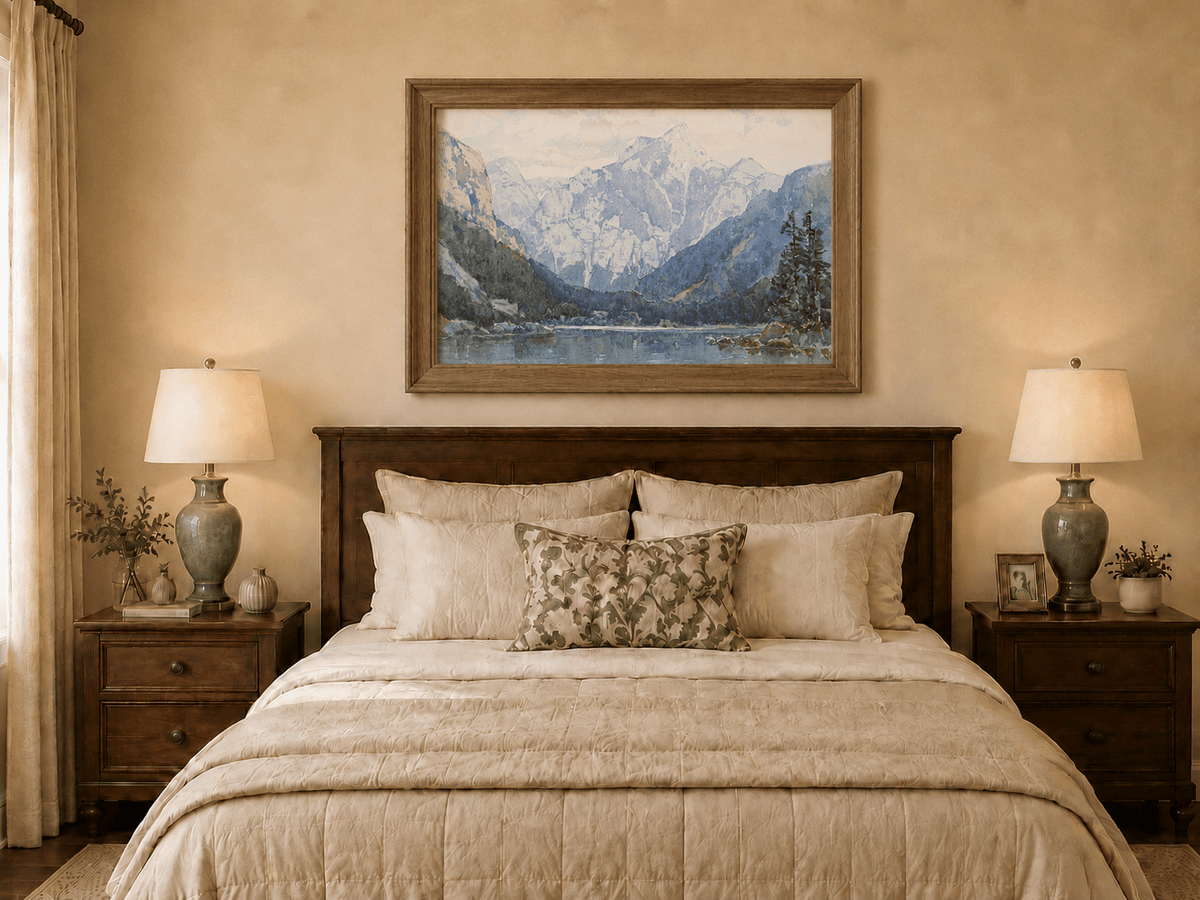 Landscape Oil Painting - Snowy Alpine Lake with Pine Shore