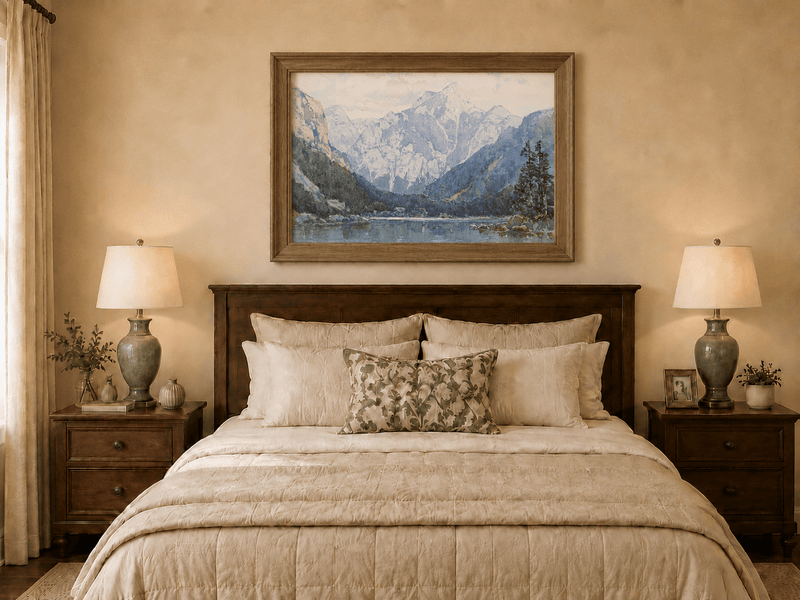 Landscape Oil Painting - Snowy Alpine Lake with Pine Shore