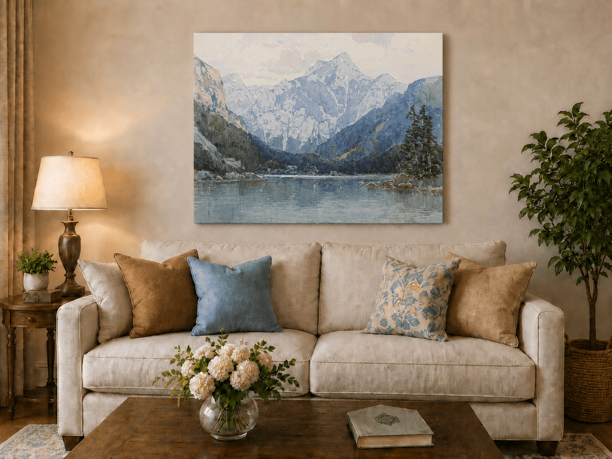 Landscape Oil Painting - Snowy Alpine Lake with Pine Shore