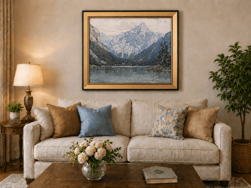 Landscape Oil Painting - Snowy Alpine Lake with Pine Shore