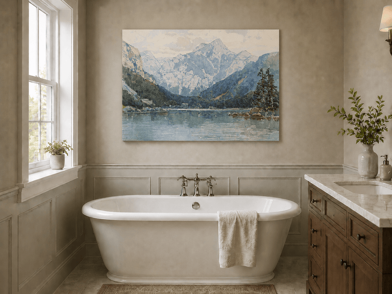 Landscape Oil Painting - Snowy Alpine Lake with Pine Shore