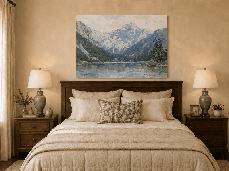 Landscape Oil Painting - Snowy Alpine Lake with Pine Shore