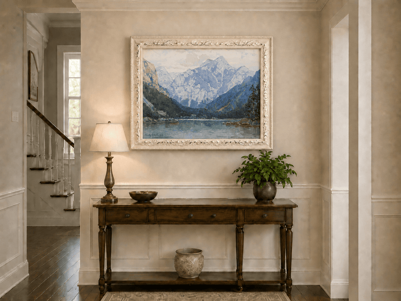 Landscape Oil Painting - Snowy Alpine Lake with Pine Shore