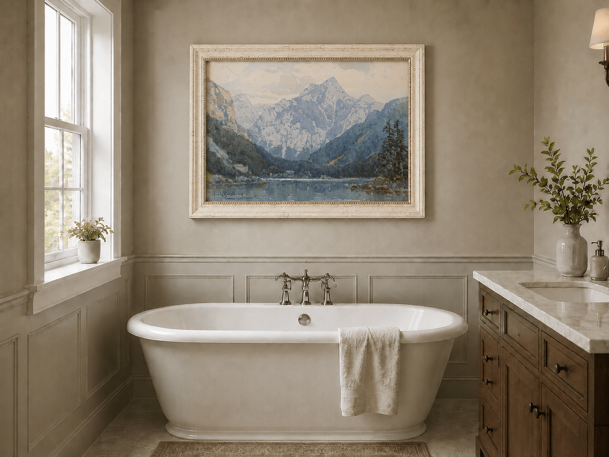 Landscape Oil Painting - Snowy Alpine Lake with Pine Shore