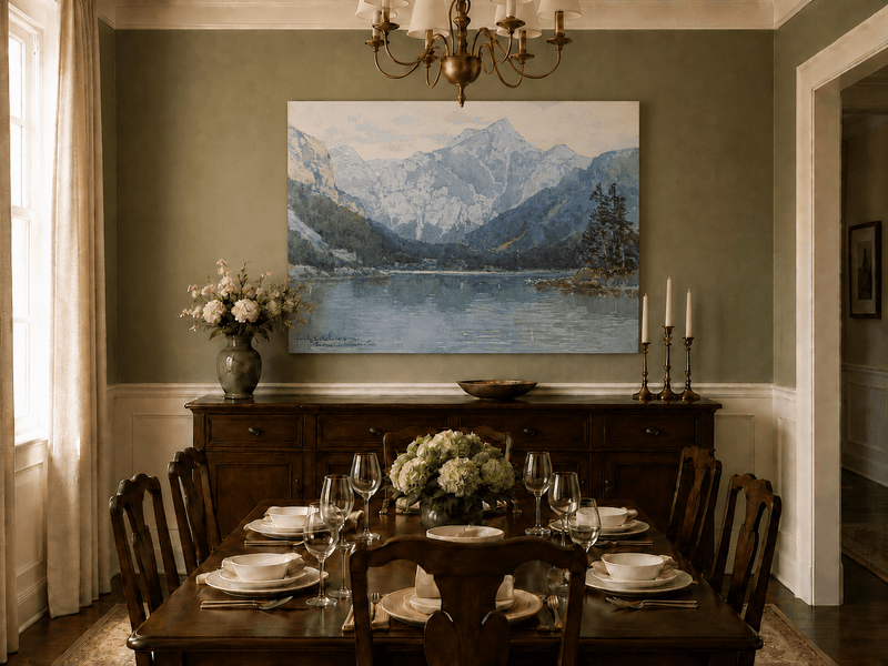 Landscape Oil Painting - Snowy Alpine Lake with Pine Shore