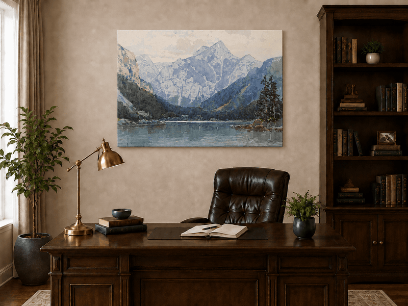 Landscape Oil Painting - Snowy Alpine Lake with Pine Shore