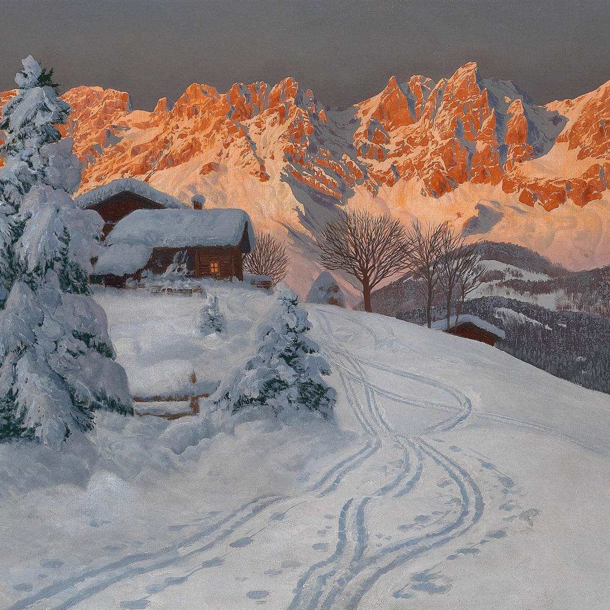 Hand-painted snowy alpine mountain cabin at sunset landscape oil painting on canvas