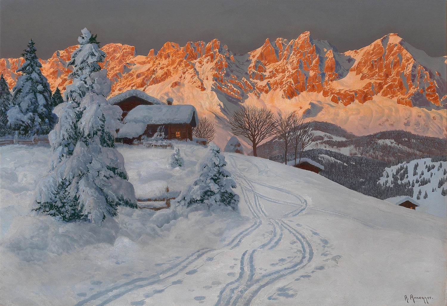 Hand-painted snowy alpine mountain cabin at sunset landscape oil painting on canvas