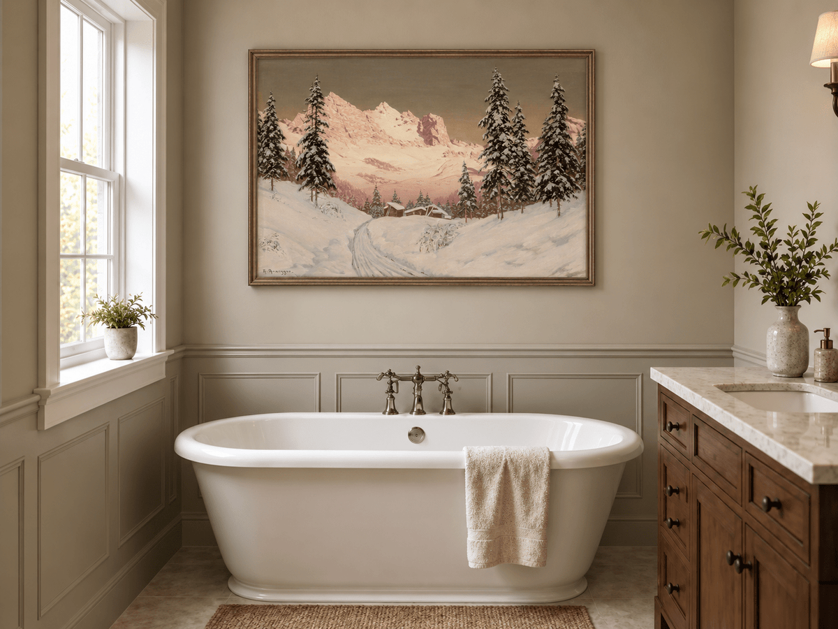 Landscape Oil Painting - Snowy Alpine Mountains, Pine Cabins