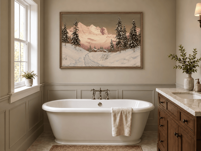 Landscape Oil Painting - Snowy Alpine Mountains, Pine Cabins