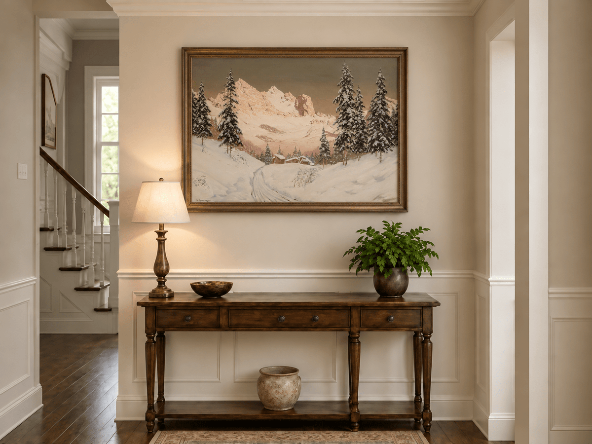 Landscape Oil Painting - Snowy Alpine Mountains, Pine Cabins