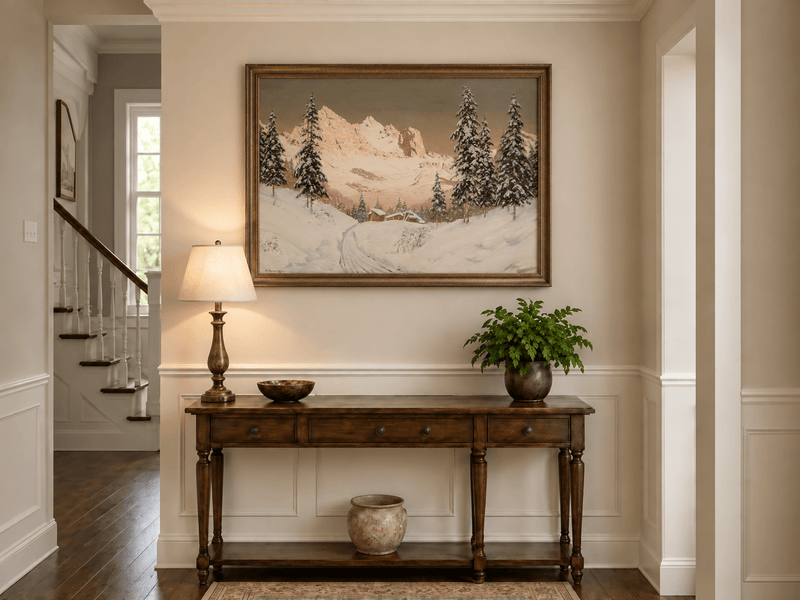 Landscape Oil Painting - Snowy Alpine Mountains, Pine Cabins