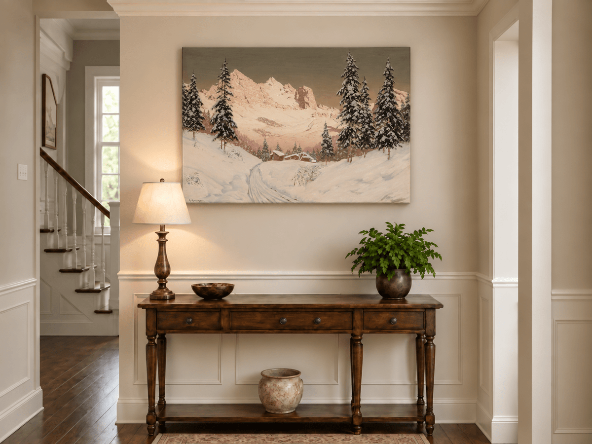 Landscape Oil Painting - Snowy Alpine Mountains, Pine Cabins