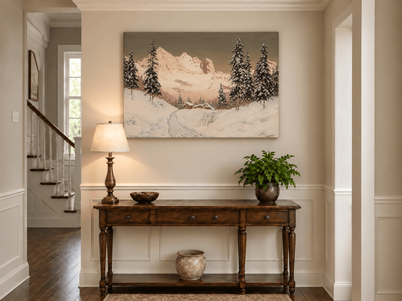 Landscape Oil Painting - Snowy Alpine Mountains, Pine Cabins