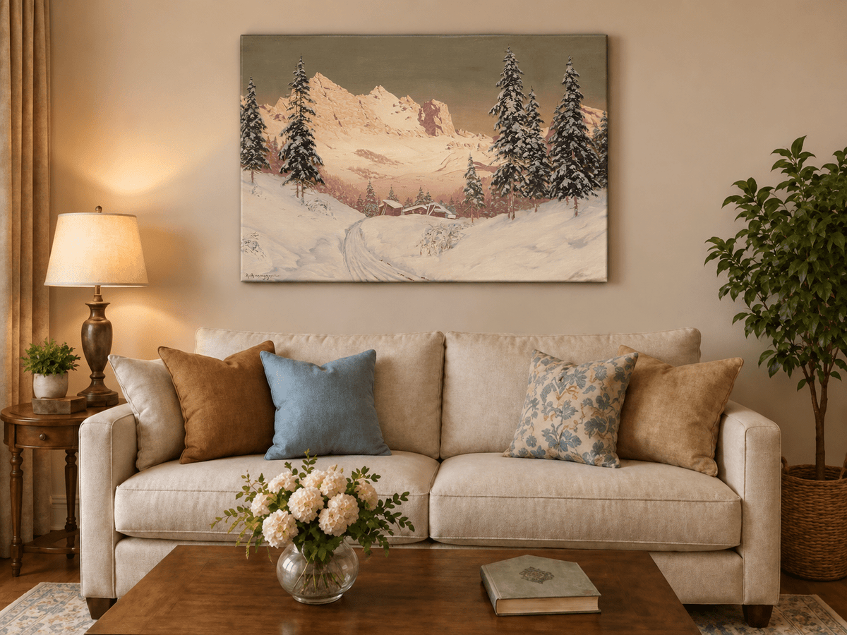 Landscape Oil Painting - Snowy Alpine Mountains, Pine Cabins