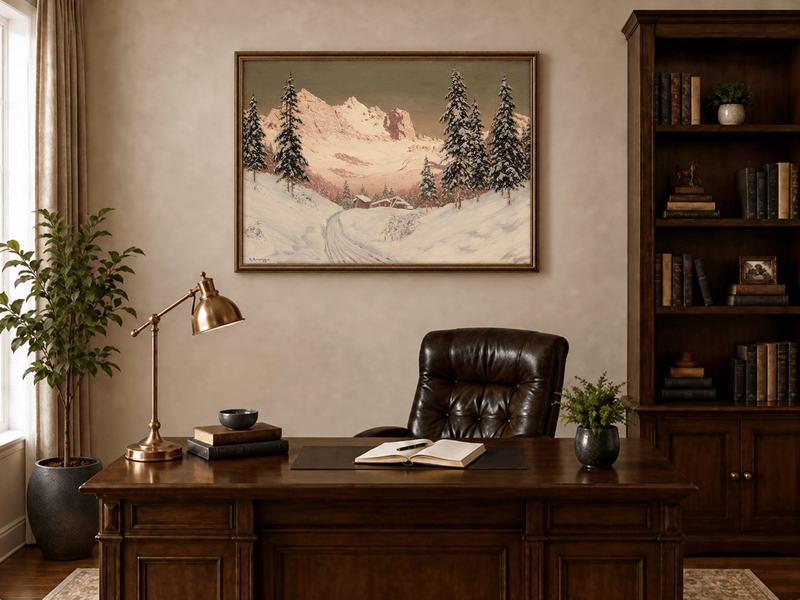 Landscape Oil Painting - Snowy Alpine Mountains, Pine Cabins