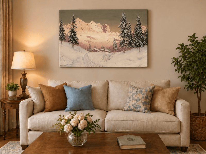 Landscape Oil Painting - Snowy Alpine Mountains, Pine Cabins