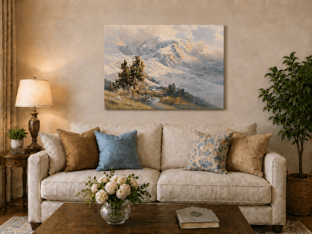 Landscape Oil Painting - Snowy Alpine Peaks at Sunrise