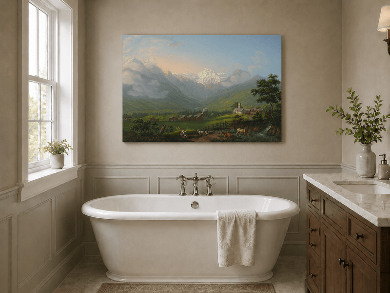 Landscape Oil Painting - Snowy Alpine Valley and Village Church