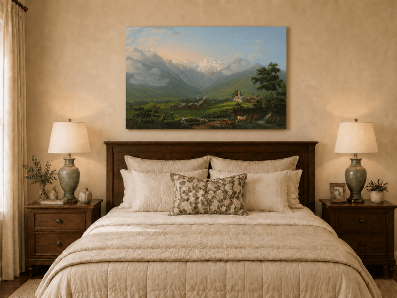 Landscape Oil Painting - Snowy Alpine Valley and Village Church