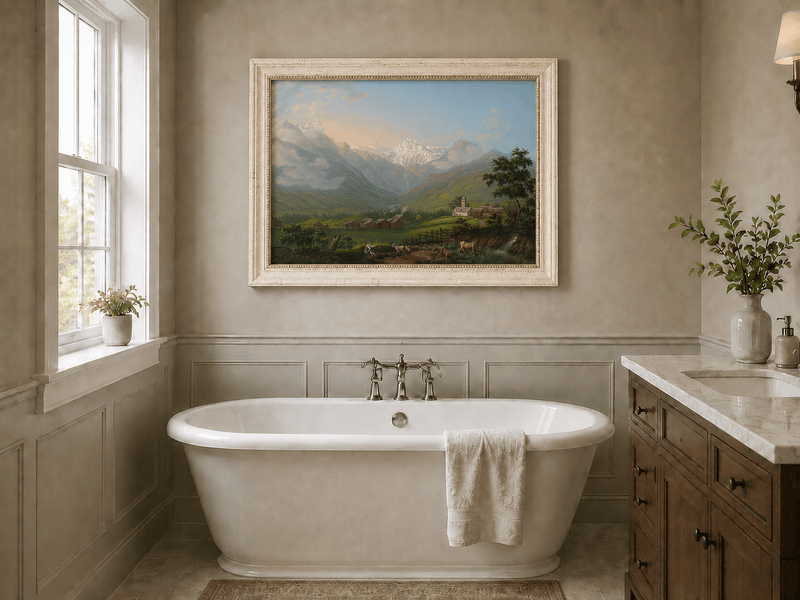 Landscape Oil Painting - Snowy Alpine Valley and Village Church
