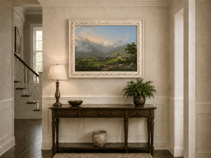 Landscape Oil Painting - Snowy Alpine Valley and Village Church