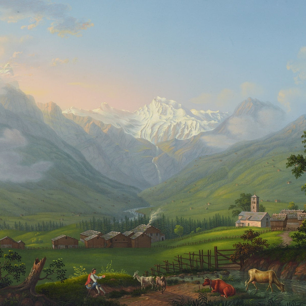 Hand-painted snowy alpine valley and village church landscape oil painting on canvas