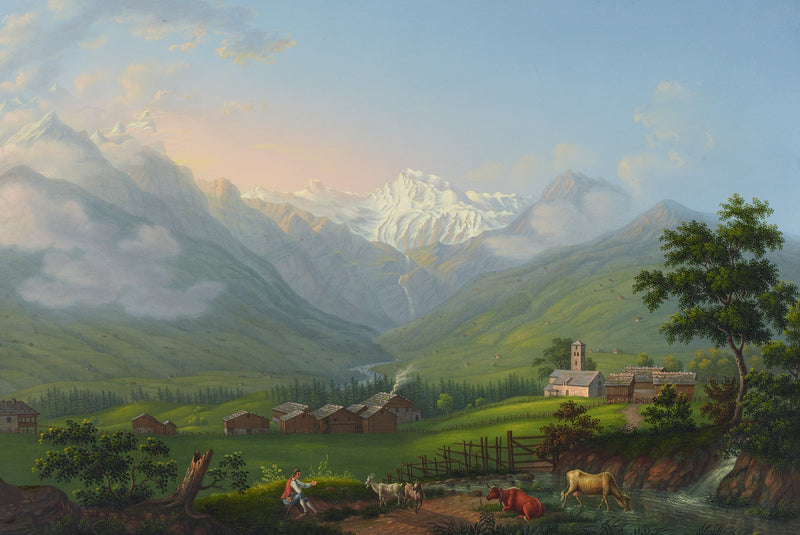 Hand-painted snowy alpine valley and village church landscape oil painting on canvas