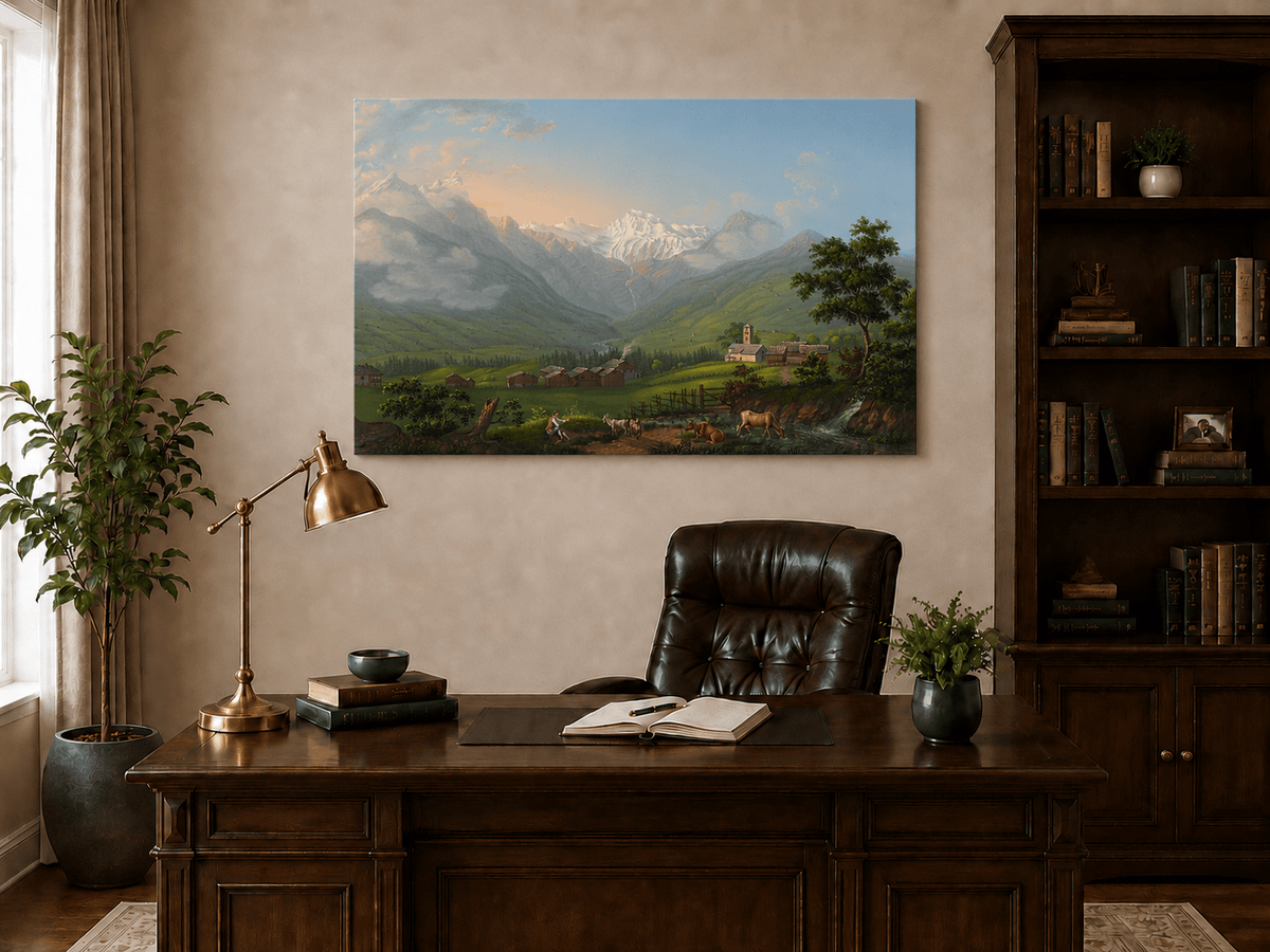 Landscape Oil Painting - Snowy Alpine Valley and Village Church