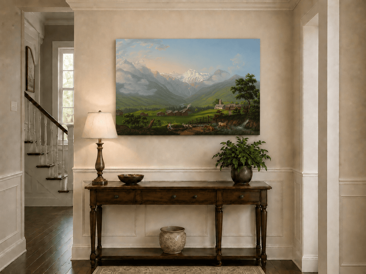 Landscape Oil Painting - Snowy Alpine Valley and Village Church