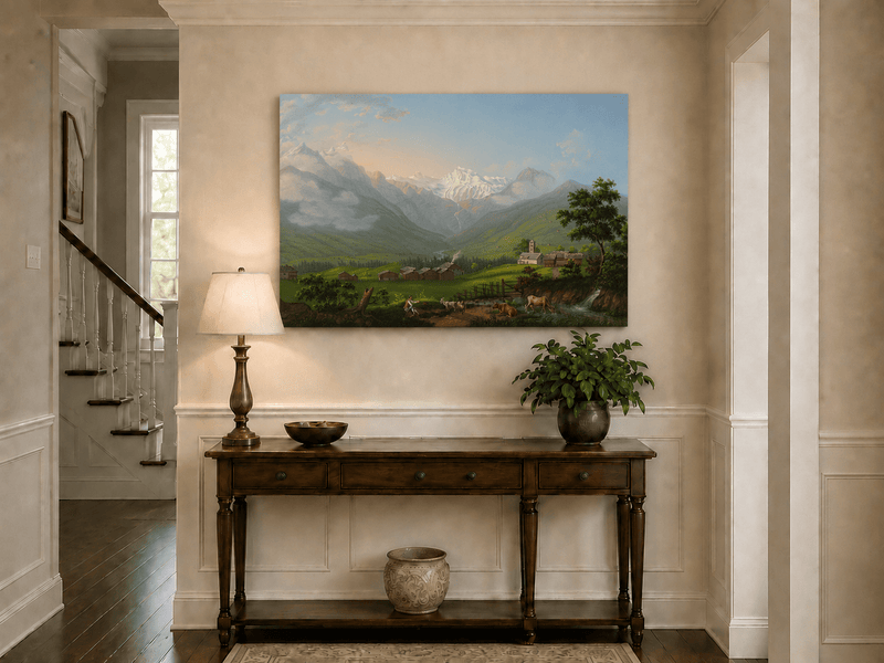 Landscape Oil Painting - Snowy Alpine Valley and Village Church