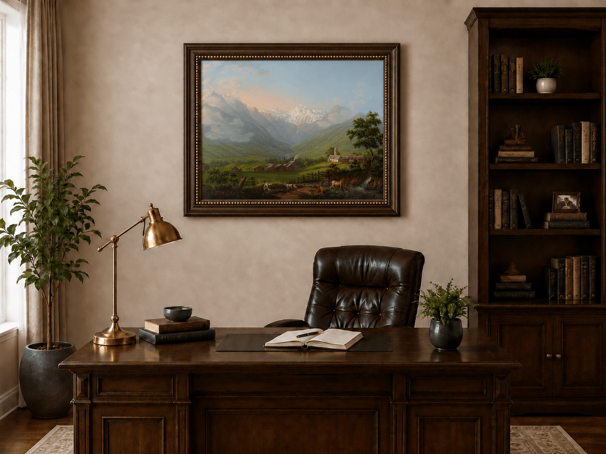 Landscape Oil Painting - Snowy Alpine Valley and Village Church