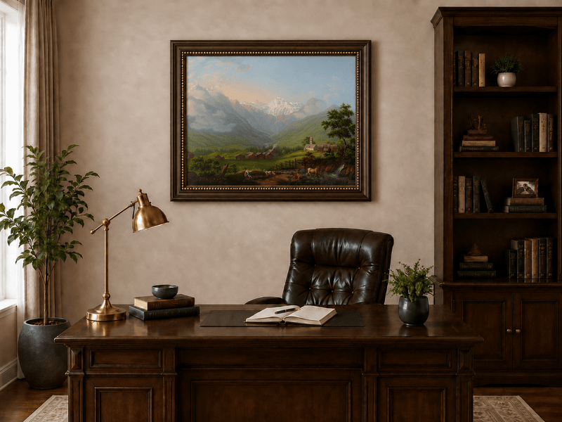 Landscape Oil Painting - Snowy Alpine Valley and Village Church