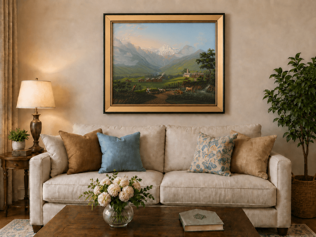 Landscape Oil Painting - Snowy Alpine Valley and Village Church