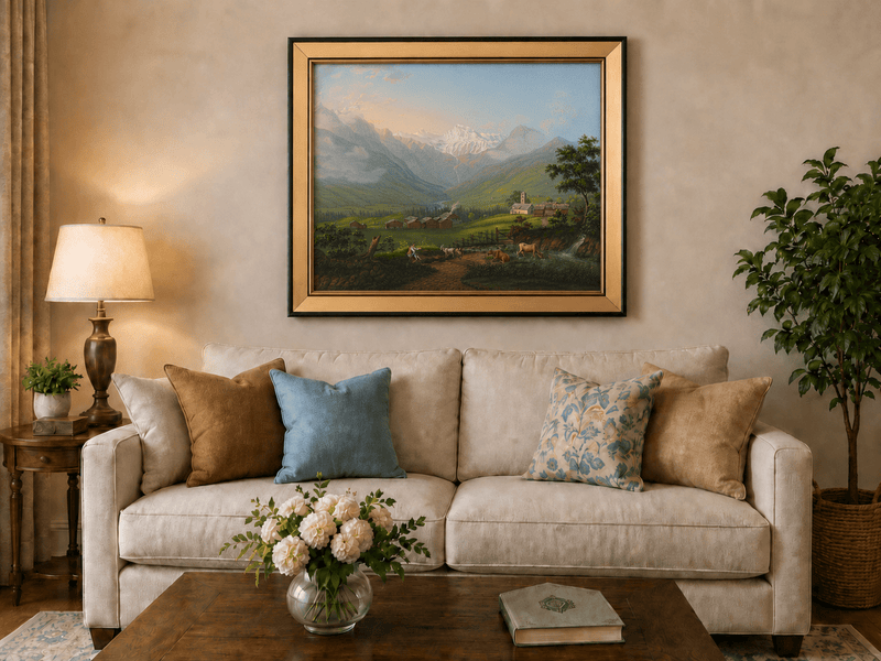 Landscape Oil Painting - Snowy Alpine Valley and Village Church