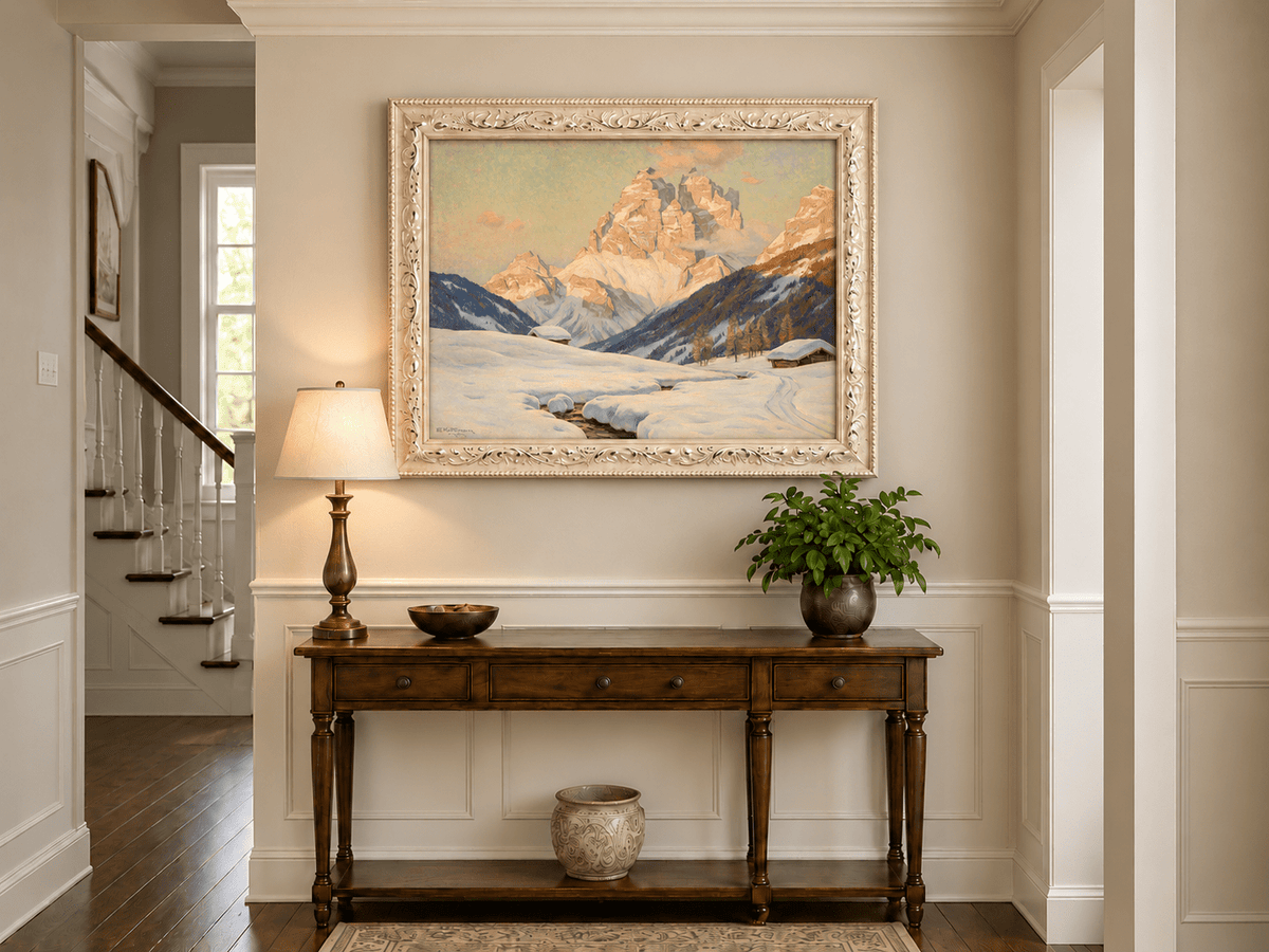 Landscape Oil Painting - Snowy Alpine Valley at Sunrise